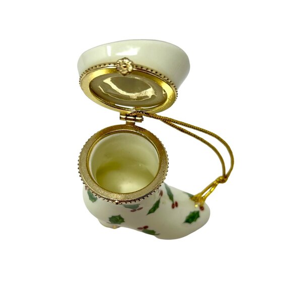 Porcelain Victorian Shoe Christmas Ornament & Trinket Box with Holly & Berries - Picture 5 of 8